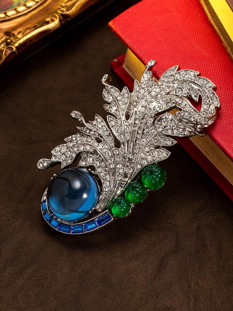 1pc Vintage Luxury Rhinestone & Feather Design Brooch, Exquisite High-End Sparkling Accessory, Ideal Gift For Valentine's Day And Mother's Day, Elegant Accent For Black Velvet Gown At Formal Soiree, Refined Highlight For Satin Jacket At Retro Art Salon, Suitable For Daily, Party, And Banquet Occasions - Multicolor - View 1