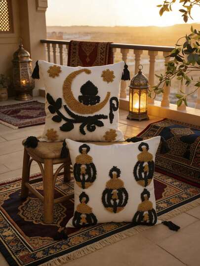 1pc 5-Light Star Moon Branch Leaf Pattern Black Coffee Color Throw Pillow Cover, Ramadan Festive Atmosphere, Bohemian Style Plush Embroidery Tassel Crafts, Suitable For Living Room, Bedroom, Sofa Decor, All Season, 45*45cm (Inner Pad Not Included)