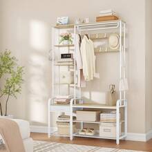 Hzuaneri Coat Rack With Shoe Storage, Coat And Shoe Rack With 3-Tier Storage Bench And Drawer, 5-In-1 Hall Tree With 17 Hooks, Side Book Shelves For Bedroom, Hallway Living Room - White Oak Color - View 5