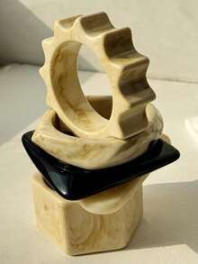 1件象牙色不对称树脂手链，厚款手链，饰有三角形、六边形和齿轮形状，复古优雅女士饰品，秋冬季款 - 彩色 - 查看 2