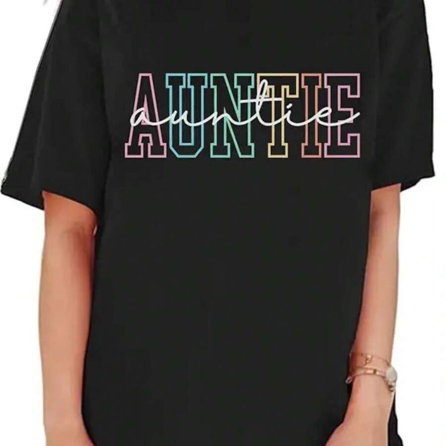 Auntie T Shirt Womens Oversize Cool Aunts Club Tshirts Fashion Auntie Letter Print Crewneck Short Sleeve Shirt Tops - 黑色 - 查看 1