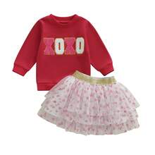 2Pcs/ Set Toddler Baby Girl Carnival Games Outfit Summer Sleeveless Lapel Collar Solid Color/Striped Vest Tops With Pleated Skirt Set - 紅色 - 查看 1