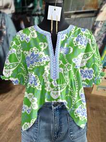 Vintage Bell Sleeve Blouse - Short Puff Shirt Top, Retro Casual Summer Dress To Face Blouse For Spring/Summer Outfits, Regular Fit Non-Stretch Elegant Smock (Matching For Any Of The Above Are All Acceptable) - [多色的] - 查看 2