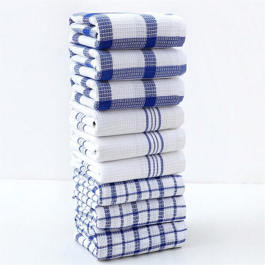 3/6/9pcs Cotton Blend Blue Plaid Kitchen Placemats, Easy To Clean Dishcloth, Multipurpose Cleaning Cloth, Dish Towel - Blue - View 1