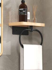 1pc Bathroom Towel Ring, Wall Mounted Towel Holder With Wooden Rack, Towel Hook, For Bathroom Storage And Organization, No Drilling Required, Easy Installation, Bathroom Accessory - Multicolor - View 6