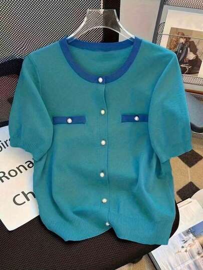 ملابس علوية صيفية بتصميم متعدد الاستخدامات، رقبة دائرية، أكمام قصيرة مصنوعة من الأقمشة المحبوكة