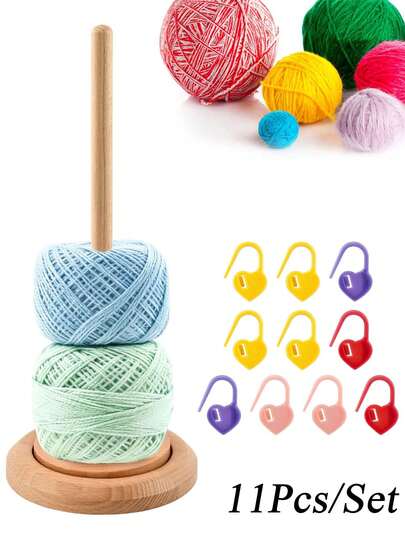 11個セット ウッド製 糸巻き台 デスクトップ糸巻きスタンド ミニマリストスタイル 糸巻き収納ラック 回転式ウッド製ワインダー 糸巻き用の完璧な編み物アクセサリー クラシックな回転機構付き木製糸巻き台 編み物 刺繍アクセサリー クラフト縫製用品