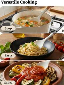 This White Silicone Flat-Head Soup Spoon Has A Soft Surface That Won't Scratch Cookware. It's Suitable For Serving Soup, Porridge, And Rice. The Spoon Is Made Of Silicone With A Wooden Handle That Feels Warm To The Touch And Won't Get Hot. The Bottom Of The Spoon Has A Hanging Hole For Easy Storage, Making It A Practical Tool For Daily Cooking And Serving In The Kitchen. - Multicolor - View 5