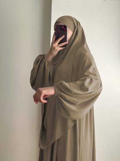 2pcs Set: Hijab + Abaya Dress, Solid Color Nida Fabric, Skin-Friendly & Breathable, Muslim Islamic Single Layer Khimar Headscarf, Hijabs For Prayer, Suitable For Women's Daily Wear And Prayer, All Seasons