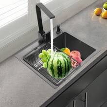 GDAE10 45 * 40 Black Diamond Spüle  + Ein Satz Abfluss + 34 * 23 Schwarzer Abflusskorb + Schwarzer Seifenspender + Schwarzer quadratischer Wasserhahn + 2 * Eckventil für die Küche zu Hause im Restaurant - Schwarz - Übersicht 8