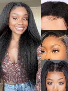 Kinky Straight Wig Blended Hair 13X4 Transparent Lace Wigs For Women 180 Density Pre Plucked With Baby Hair Yaki Straight Frontal Wigs - SNatural - View 3