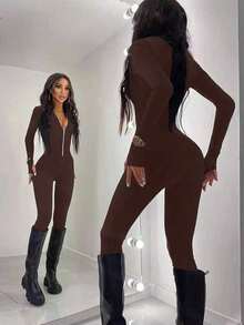 Casual Fashion Front Zipper Design Skinny Curve-Hugging Jumpsuit, New For Autumn/Winter