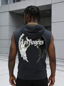 Áo hoodie không tay nam in họa tiết Gothic Los Angeles, hình cánh thiên thần và ác quỷ, áo tank top có mũ, phong cách thể thao đường phố thường ngày. - Xám - Xem 8