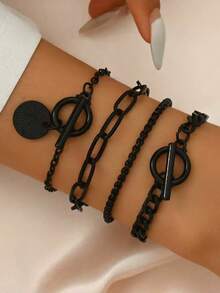 4pcs/Set Metallic Alloy Pendant Bracelet Snake Chain OT Clasp Minimalist Layered Jewelry Set - Bracelet Set - View 10