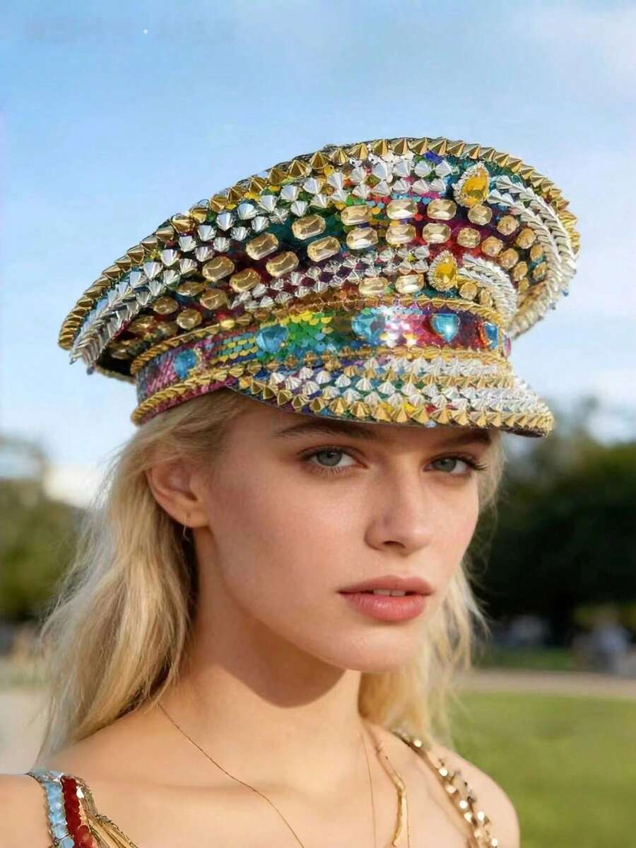 1 Peça Chapéu de Capitão Steampunk Brilhante de Poliéster com Strass, Chapéu Divertido para Mulheres e Homens, para Carnaval, Ano Novo, Dia dos Namorados, Gras, Chapéu de Cowboy, Bar, Halloween, Festival de Música, Dia de São Patrício, Inverno - Multicolorido - Visão 1