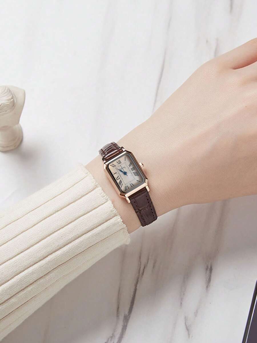 1pc Minimalist Women's Rectangular Roman Numeral Dial Fashion Bamboo Strap Watch, Suitable For Daily Wear, Birthday, Anniversary Gift, Singles Day, Halloween Promotion And Other Holiday Gifts