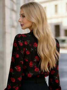 女士优雅长袖系领印花红色花朵常规衬衫，梭织面料 - 黑紅色 - 查看 3