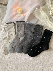 1/3/5 Pairs Polka Dot Wool Socks, Women Mid-Calf Socks, Spring/Autumn Style, Grey Socks, Autumn/Winter Mid-Calf Socks - Multicolor - View 4