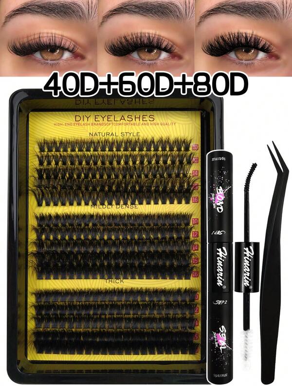 Hinarin 300 Peças Kit de Cachos de Cílios 40D 60D 80D Cachos Grossos Extensões de Cílios Individuais 10-16mm Extensões de Cílios DIY Cachos de Cílios para Uso Doméstico (Kit 40D+60D+80D 10-16MM)