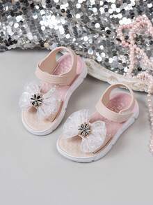 1 Pair Girls' Soft Sole Hook And Loop Non-Slip Casual Fashion Bow Rhinestone Sandals, Flat Open Toe Cute Beach Shoes, Suitable For Summer - Beige - View 5