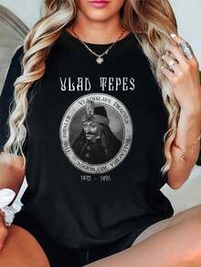 100% Cotton Vlad Tepes Portrait With Text And Dates T-Shirt Round Neck Short Sleeve Streetwear Fashion Breathable Homme Soft Unisex Designer Clothes For Women Casual Clothes - màu đen - Xem 1