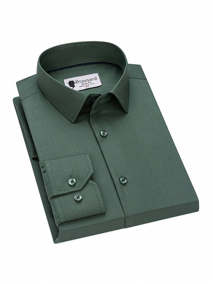 Men's Business Dress Shirts, 38% Bamboo Fiber, 62% Polyamide, Long-Sleeved, No-Iron, With A Slim Fit. Bamboo Fiber: Offers Good Moisture Absorption And Breathability, Is Comfortable To Wear And Naturally Antibacterial. It Is Wear-Resistant And Firm, Making The Shirt Less Prone To Deformation. - 軍綠色 - 查看 1