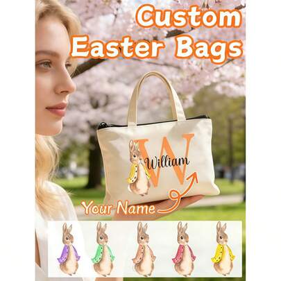 Custom Easter Makeup Bag, Personalized Gift, Easter Egg Gift Bag, Name Shopping Bag, Modern Custom Gift, Easter Bunny Egg, Spring Theme, Easter Egg, Custom Gift Bag, Canvas Gift Bag, Floral Badge Gift Bag, Large Easter Gift Bag, Personalized Easter Gift Bag, Easter Tote Bag, Easter Egg Treasure Hunt Bag, Bunny Gift Bag, Unisex, With Zipper, Daily Commute Essential, Great Gift Choice.