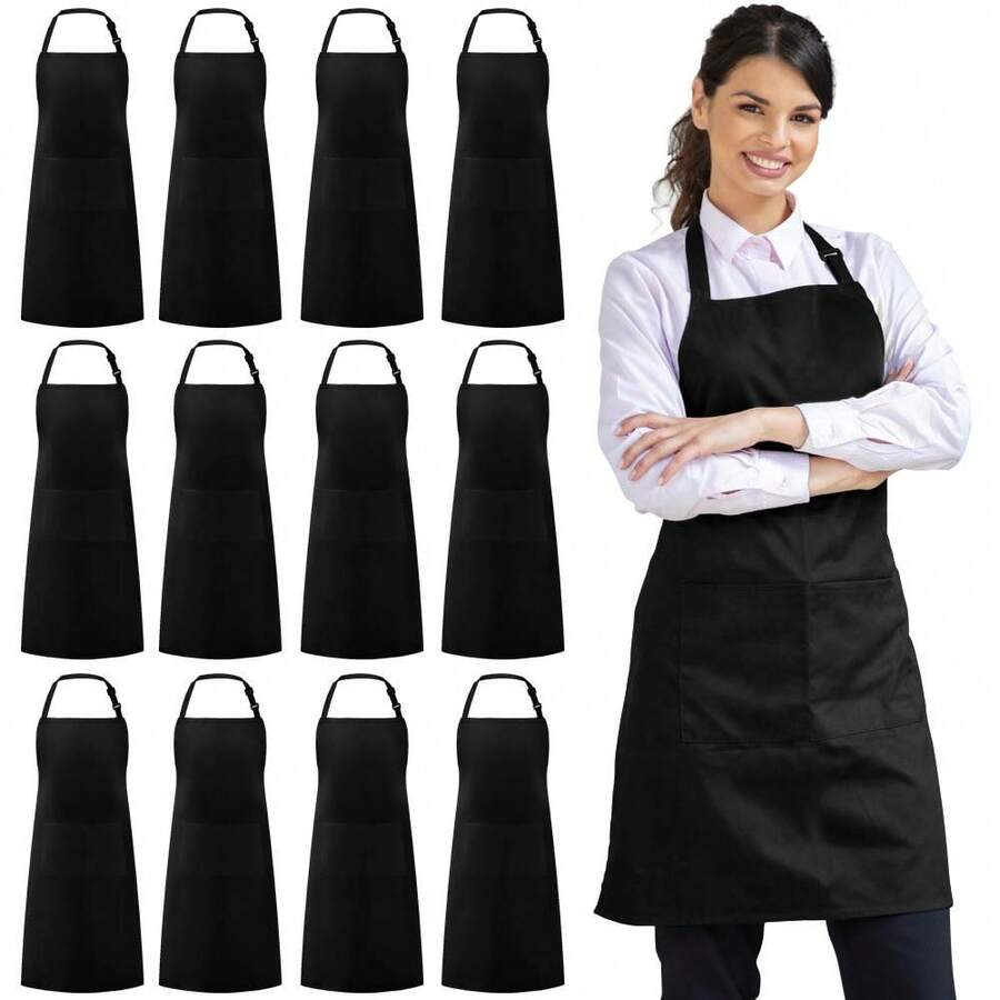 12 Pack Bib Apron, Unisex Aprons Adjustable Waterdrop Resistant With 2 Pockets Cooking Kitchen Apron For Chef, BBQ Drawing Apron Bulk, Black - màu đen - Xem 1