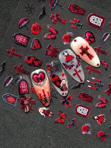 1张暗黑浪漫哥特玫瑰美甲贴纸，包含红黑玫瑰、十字架、棺材、蝙蝠、哥特娃娃，搭配蜘蛛网、雨伞、烛台和其他暗黑元素，营造神秘优雅的氛围，适合个人DIY和美甲沙龙使用。 - 彩色 - 查看 7