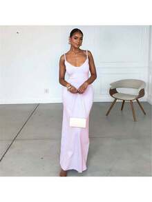 Women's Twisted Straps Bodycon Long Maxi Dress Summer Sleeveless Spaghetti Straps Slim Fit Deep V-Neck Backless Cami Dress Party Clubwear Holiday Beachwear Solid Color Tank Dress Sundress - 淺粉色 - 查看 4