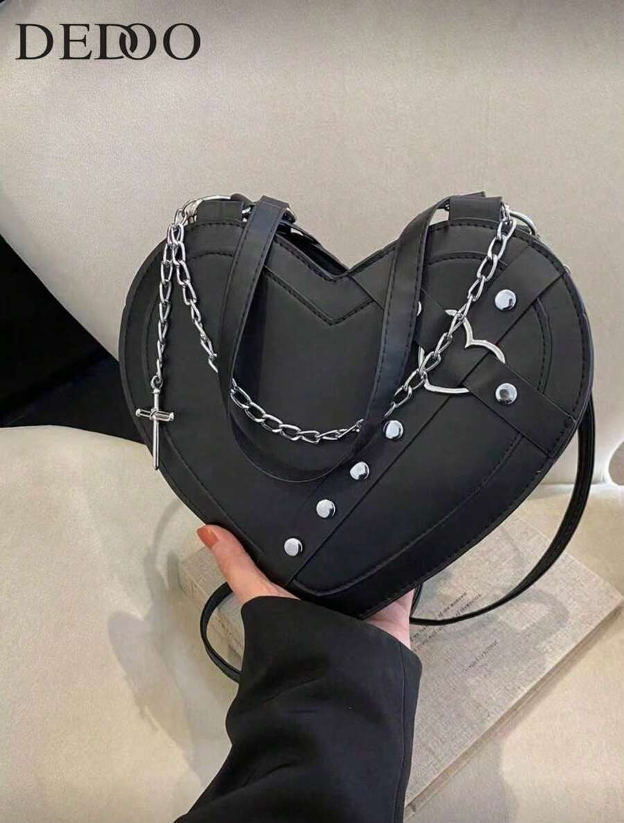 Punk Style Rivet-Embellished Fashionable Heart-Shaped Shoulder Bag, Cross-Body Bag Novelty Bags Gothic Style Y2K Style Sweet Cool Bag, Perfect For Music Festival, Rock Style Bag For Women, Perfect Valentine's Day Gift For Her, Best Valentine's Gift Choice Ever Valentines, 2000s Fashion Style Bag For Women, Halloween Purse Perfect For Fancy Party Halloween Fashion & Gothic Fashion - 黑色 - 查看 1