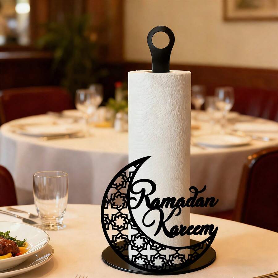 1pc Metal Crescent Moon Tissue Paper Holder, Black Iron Kitchen Decor, Suitable For Eid Decoration And Islamic Celebrations, No-Assembly Required Paper Towel Rack, Applicable For Dining Table, Bedroom, Rustic Home Decor, Durable Design