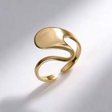 COINBUFF 1pc Minimalist Wavy Line Stainless Steel Plated Gold Adjustable Non-Fading Ring, Suitable For Daily Wear And Holiday Gifts - As Shown - View 2