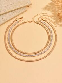 3pcs/Set Fashionable Multi-Layer Metal Gold Necklace, Geometric Minimalist Rhinestone Decor Necklace Jewelry Set, Suitable For Daily Wear, Parties, Holidays And Vacations. Chain Length Adjustable. - Gold - View 2