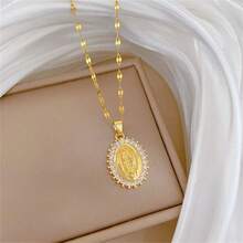 Elegant Luxurious Sparkling White Zirconia Oval Virgin Mary Copper Pendant Necklace, Men's Fashion Party Jewelry Accessory, Stainless Steel Chain, Romantic Anniversary/Holiday Gift - Gold - View 6