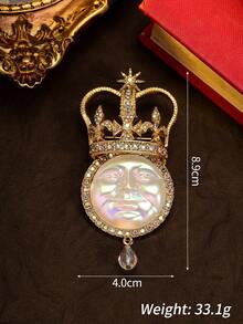 1pc 2-In-1 Vintage European & American Figure Minimalist Versatile Elegant Luxurious Brooch, Suitable For Daily, Party, Banquet And Celebration Occasions. One Style Is Iridescent Pearl Crescent Moon With Rhinestone Crown + Crystal Pendant, Gilded Textured With Courtly Luxurious Feel - Multicolor - View 6