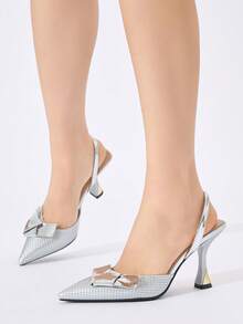 Sapatos de Salto Alto Bico Fino Femininos com Decoração de Laço, Design Sem Parte Traseira de Cor Sólida, Elegante e Confortável para Festa, Banquete, Noite, Baile, Vestido, Casual, Encontro, Presente de Aniversário, Adequado para Primavera, Verão, Outono, Inverno, Salto Alto Prateado - Prata - Visão 4