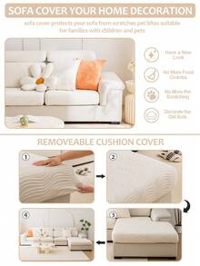 1pc Sakura Bank Shaking Flannel Elastic Anti-Cat Scratch Sofa Cover, Suitable For L-Shaped Sofa And 1/2/3/4 Seat Sofa Protection, All Season - Fine Vines - Beige - View 6