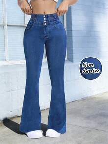 Women's High Waist Flare Jeans Style Pants, Elastic Lifting Waist Slim Fit Yoga Sports Casual Trousers - Blue - View 2