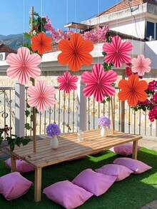 9朵玫瑰红+粉色+橙色心形纸花装饰，墙纸扇，教室装饰，纸花背景，悬挂纸扇，墙面装饰，圣诞节 - 彩色 - 查看 8