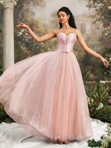 VIPGIRL Đầm dạ hội màu hồng thanh lịch không dây vai, chất liệu lưới, với phần thân áo ôm sát đính hạt, chân váy voan mỏng bồng bềnh, dài đến sàn, đầm dạ hội dành cho nữ, đầm dự tiệc. - Bụi hồng - Xem 1
