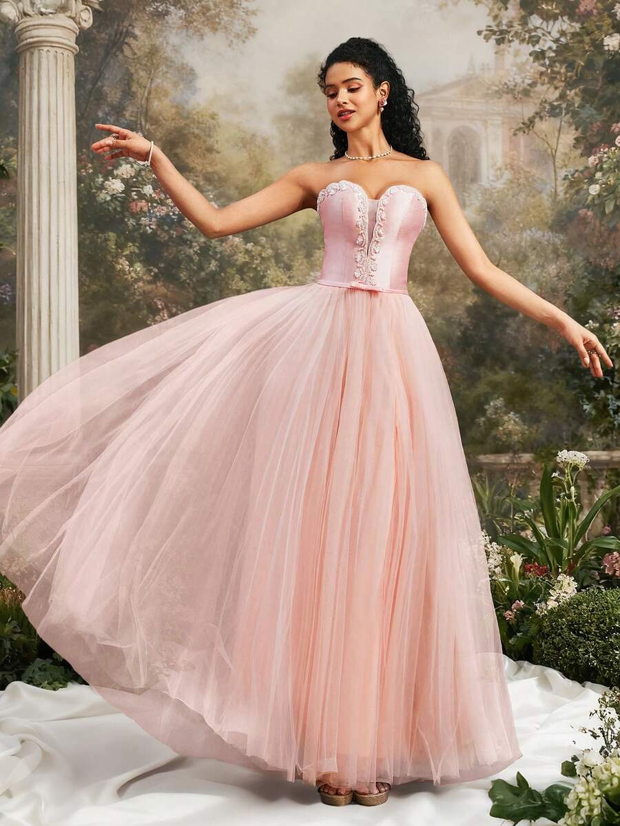 VIPGIRL Đầm dạ hội màu hồng thanh lịch không dây vai, chất liệu lưới, với phần thân áo ôm sát đính hạt, chân váy voan mỏng bồng bềnh, dài đến sàn, đầm dạ hội dành cho nữ, đầm dự tiệc. - Bụi hồng - Xem 1