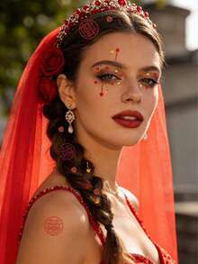 1 Sheet Bold Red & Gold Heart & Circular Rhinestone DIY Face Gems Self-Adhesive Face Jewels For Carnival Parades Latin Parties & Vibrant Makeup Looks Reusable Shiny Face Rhinestones For Women & Festive DIY Beauty Lovers,Rhinestone Face Sticker - Multicolor - View 4