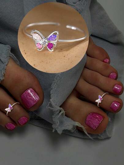 925纯银彩色蝴蝶脚链，女士脚趾环，沙滩脚趾环