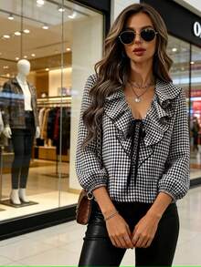 Women's Tie-Up Black & White Plaid Layered Ruffle Collar Blouse, Checkered Shirt Design Suitable For Casual Daily Commute, V-Neck Long Sleeve Loose Fit Spring - Black - View 4