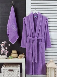 Bathrobe Women Fluffy, Bathrobe Men With Hood Terry Cloth Sauna Robe, Unisex, Sauna Robe Women With Long Belt S/M - L/XL - Purple - View 6
