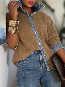 Women's  Brown Knit Denim Panel Collared Cardigan: Long Sleeve Button Front - Ideal For Daily, Commute, Outings & Women's New Year Outfits - 咖啡棕 - 查看 6