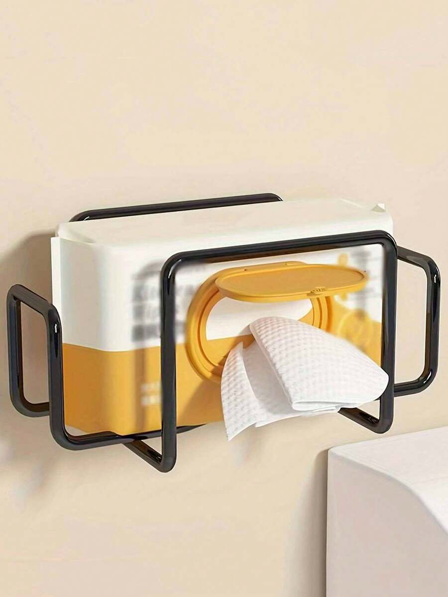 حامل مناديل الأطفال قطعة واحدة، تصميم مثبت على الحائط بدون لاصق، مناسب لتخزين المناديل والمناشف الرطبة في الحمام والمطبخ والحمام - الأسود - مشاهدة 1