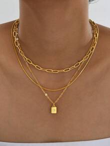3pcs Fashionable Checkered Paperclip Box Chain Necklace With Sparkling Rhinestone Rectangle Pendant - Yellow Gold - View 7