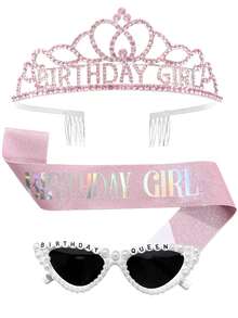6/3/1 套装 - 女孩生日绶带、女孩生日皇冠、女孩生日丝带、女孩生日头带、女孩生日发箍、女孩生日眼镜、生日女王时尚眼镜、生日派对礼品、闪亮时尚、生日派对套装 - 彩色 - 查看 9